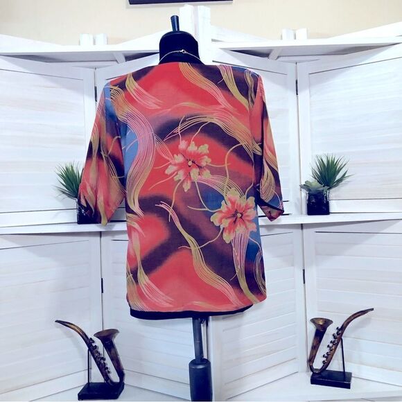 Vintage Floral Print Blouse Blue Red Tan Size Large - Picture 3 of 7